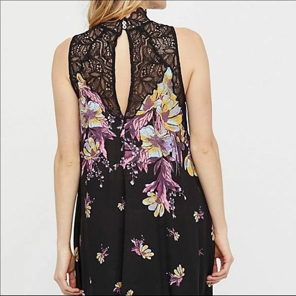 Free People Marsha Printed Lace Neck Onyx Combo Black High Neck Floral Dress XS - Picture 2 of 11
